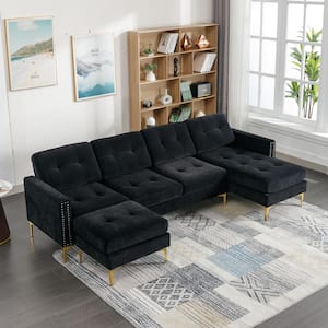 111 in. Soft Velvet Modern Sectional Sofa in Black with Ottoman, Side Storage Pockets and Metal Legs