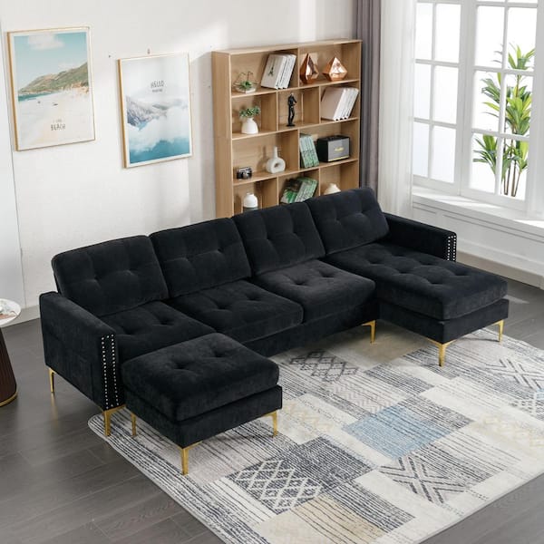Harper & Bright Designs 111 in. Soft Velvet Modern Sectional Sofa in Black with Ottoman, Side Storage Pockets and Metal Legs
