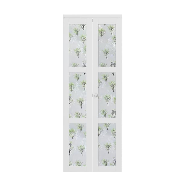 ARK DESIGN 30in. x 80 in. 3-Lite Tempered Frosted Glass Solid Core MDF White Finished Bi-fold Door with Forest Sticker and Hardware