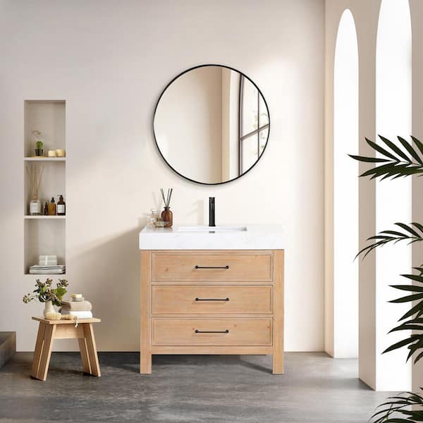León 36 in.W x 22 in.D x 34 in.H Single Sink Bath Vanity in Fir Wood Brown with White Composite Stone Top