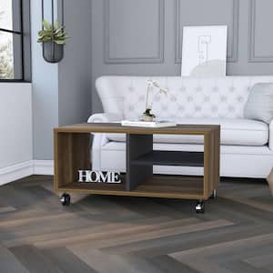 Caroline 31.5 in. Walnut and Black Rectangle Particle Board Coffee Table with Casters, Shelves