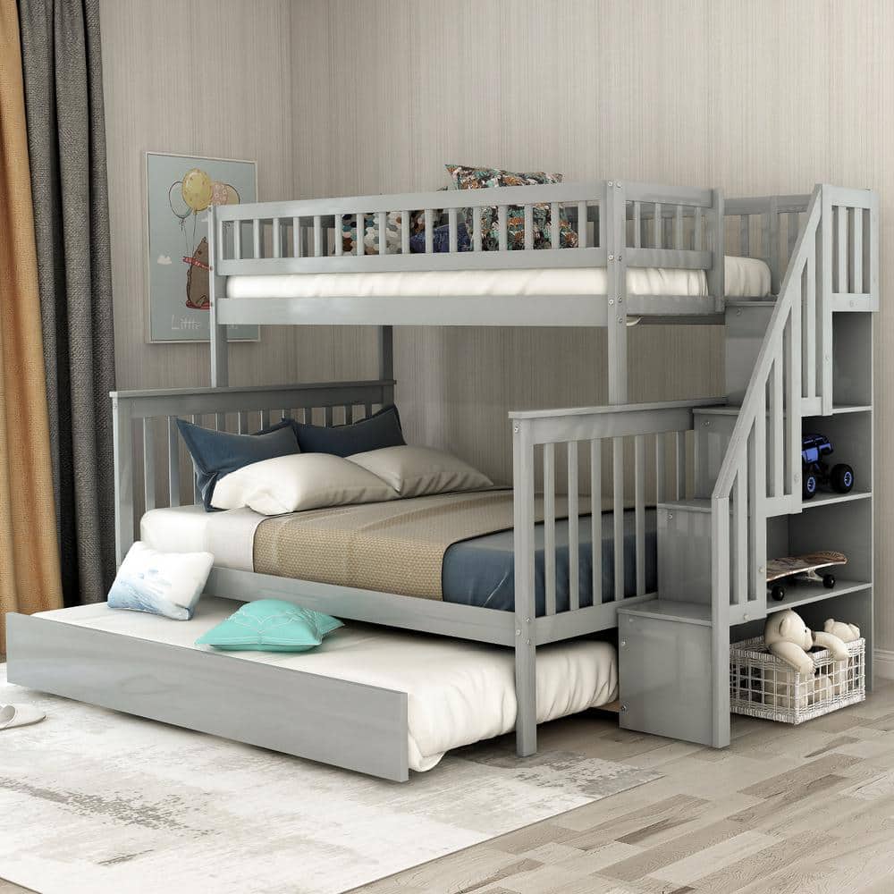 Gray Twin Over Full Bunk Bed With, Twin Over Full Bunk Bed Bedding