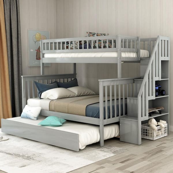 Harper & Bright Designs Gray Twin Over Full Bunk Bed with Trundle and Stairs for Kids