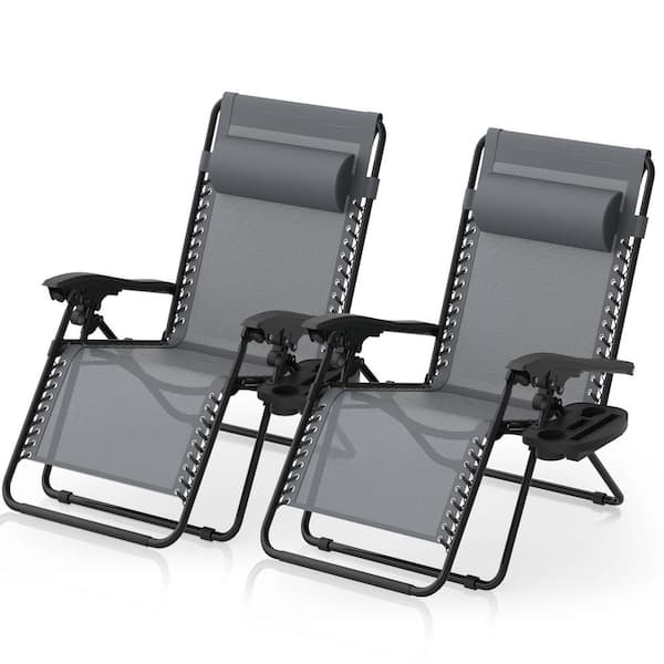 SEEUTEK 26 in. W Zero Gravity Chairs Set of 2, Indoor and Outdoor Metal Reclining Patio Folding Grey Lounge Chair with Pillow