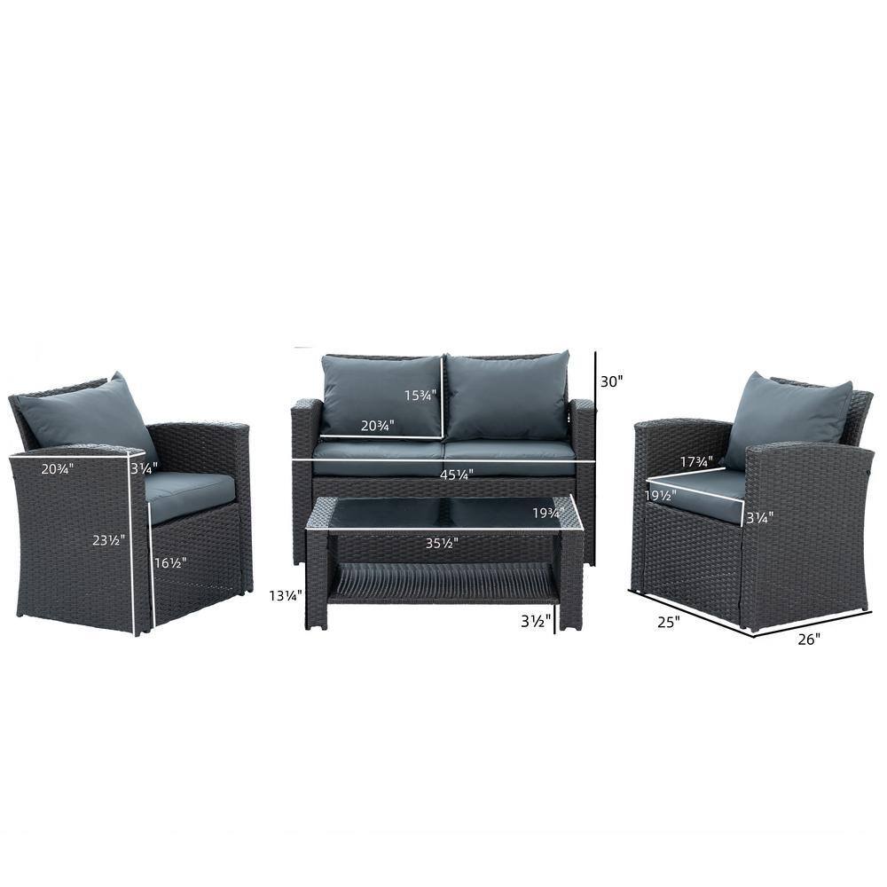 Various views and configurations of wicker patio seating and table.