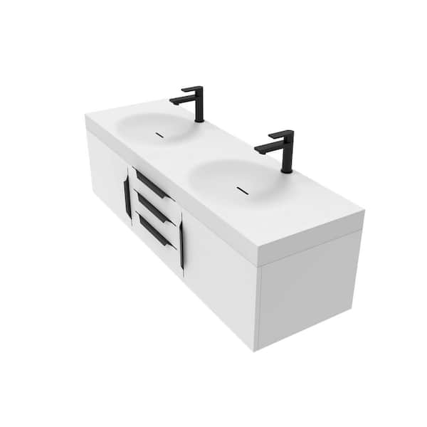 castellousa Thames 60 in. W x 18.9 D x 16.25 H Double Floating Bath Vanity in Matte White in Black Trim with Solid Surface White Top