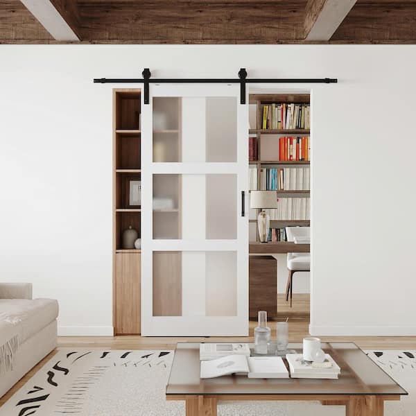 TENONER 36 in. x 84 in. 3-Lite Frosted Glass MDF White Sliding Barn Door with Hardware Kit, Unfinished