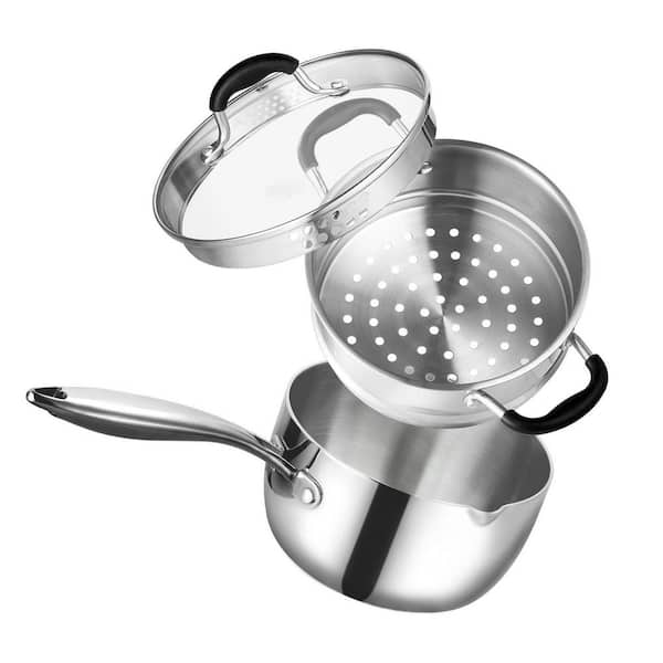Silver 2.5 qt. Stainless Steel Tri-Ply Whole-Clad Saucepan with Steamer Pour Spout Strainer Glass Lid Stay-Cool Handle
