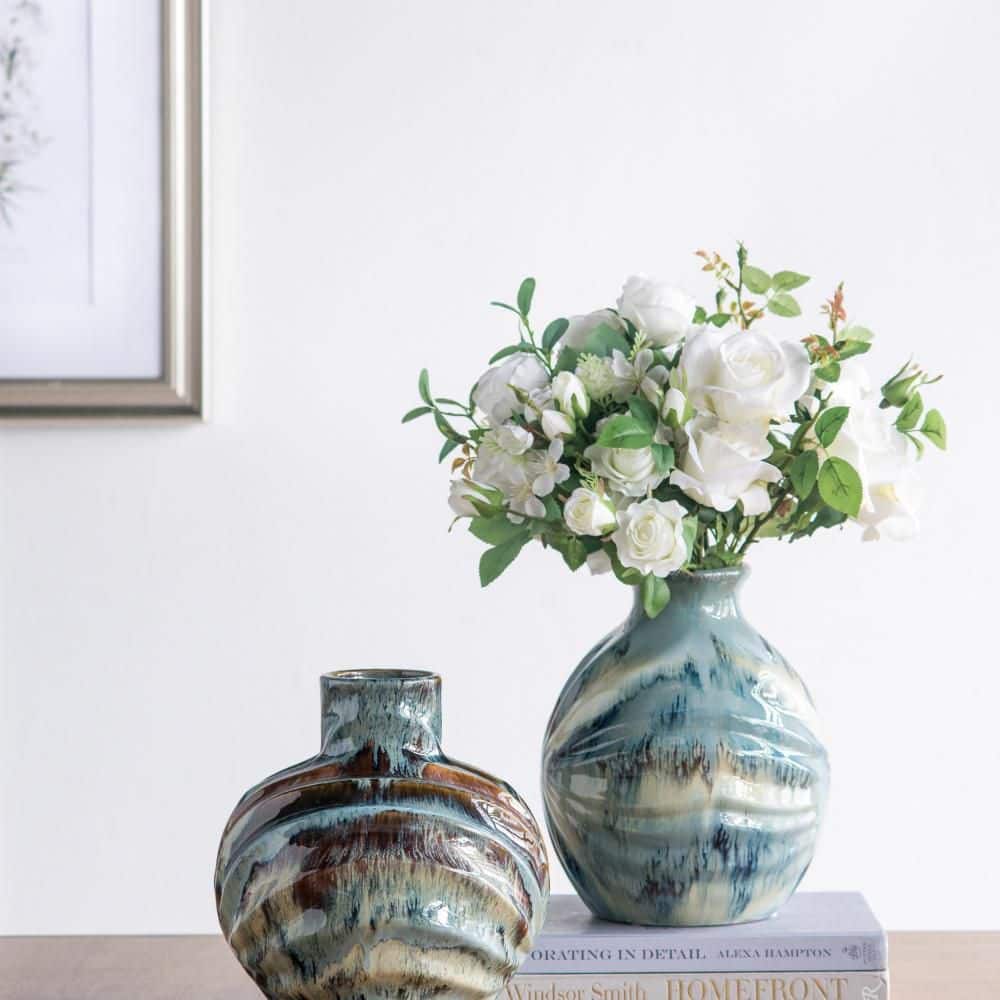 Myla Medium Ceramic Vase with Blue, Brown, and Ivory Reactive Glaze