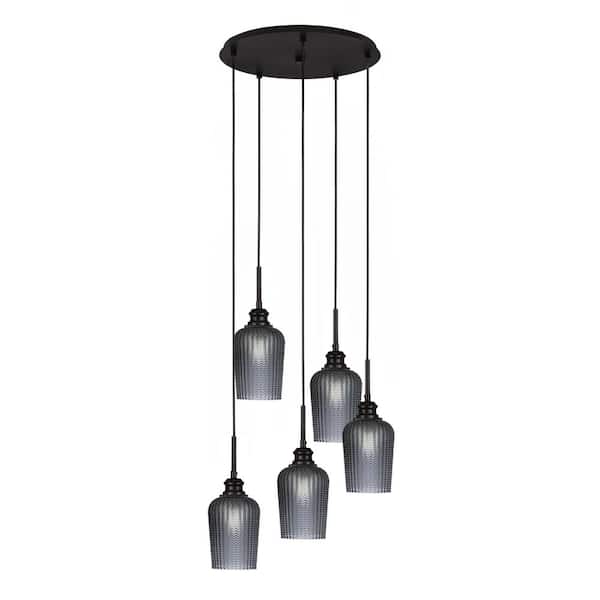 Unbranded Albany 60-Watt 17.25 in. 5-Light Espresso Cord Pendant Light Smoke Textured Glass Shade No Bulbs included