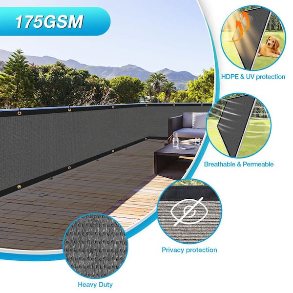 5 ft. x 50 ft. Dark Gray 175 GSM Balcony Privacy Fence Screen with 90% UV Blockage, 40 Cable Zip Ties Included