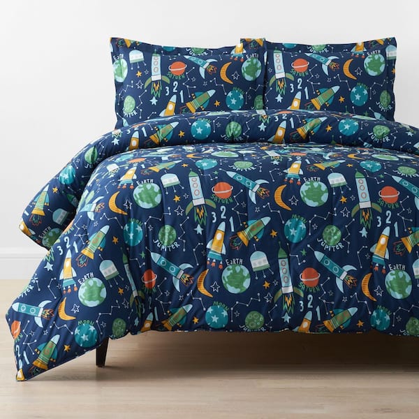 Company Kids Navy Multi Planets And Rockets Organic Cotton Percale Full/Queen Comforter Set