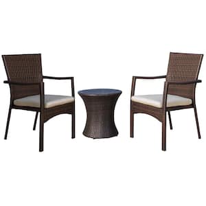 Corsica Brown 3-Piece Faux Rattan Outdoor Patio Conversation Set with Creme Cushions