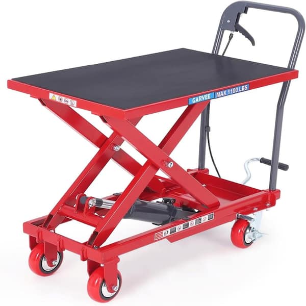 Hydraulic Lift Table Cart 500 LBS Single Scissor Lift Cart, Mobile Lift Jack with Wide Non-Slip Deck, Red & Black