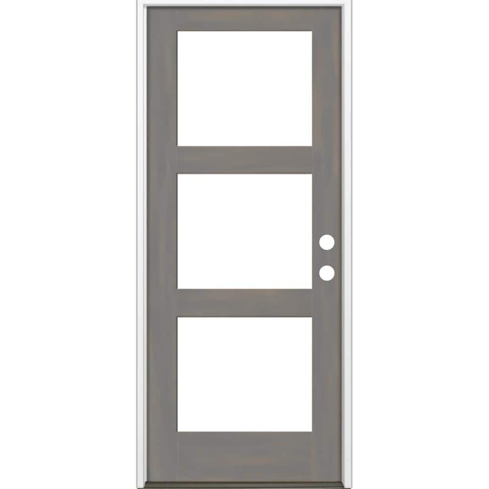 36 in. x 96 in. Modern Hemlock Right-Hand/Inswing 3-Lite Clear Glass Grey Stain Wood Prehung Front Door price history on PriceWatchPro