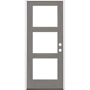 36 in. x 96 in. Modern Hemlock Right-Hand/Inswing 3-Lite Clear Glass Grey Stain Wood Prehung Front Door