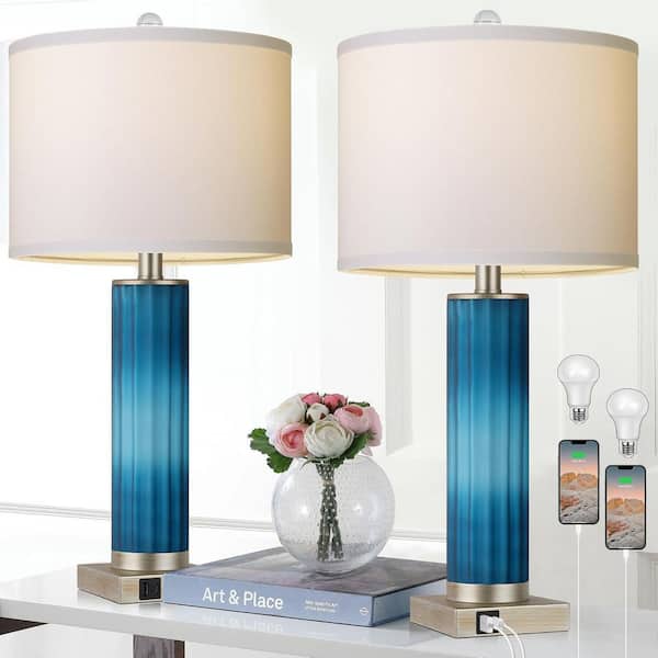 ARISKEEN 26.5 in. Table Lamps Set of 2 for Living Room, Blue Glass Bedroom Lamp for Bedside with USB C+A Charging Ports