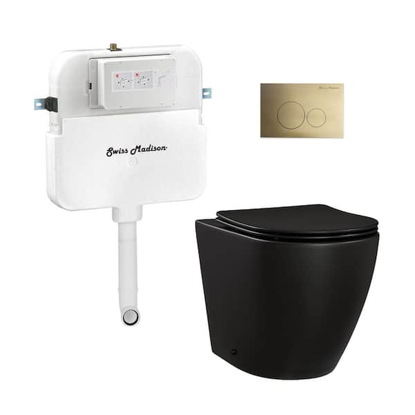 Swiss Madison St. Tropez Back-to-Wall Elongated Toilet 3-Piece Bundle 0.8/1.6 GPF Dual Flush in Matte Black with Brass Flush Plate