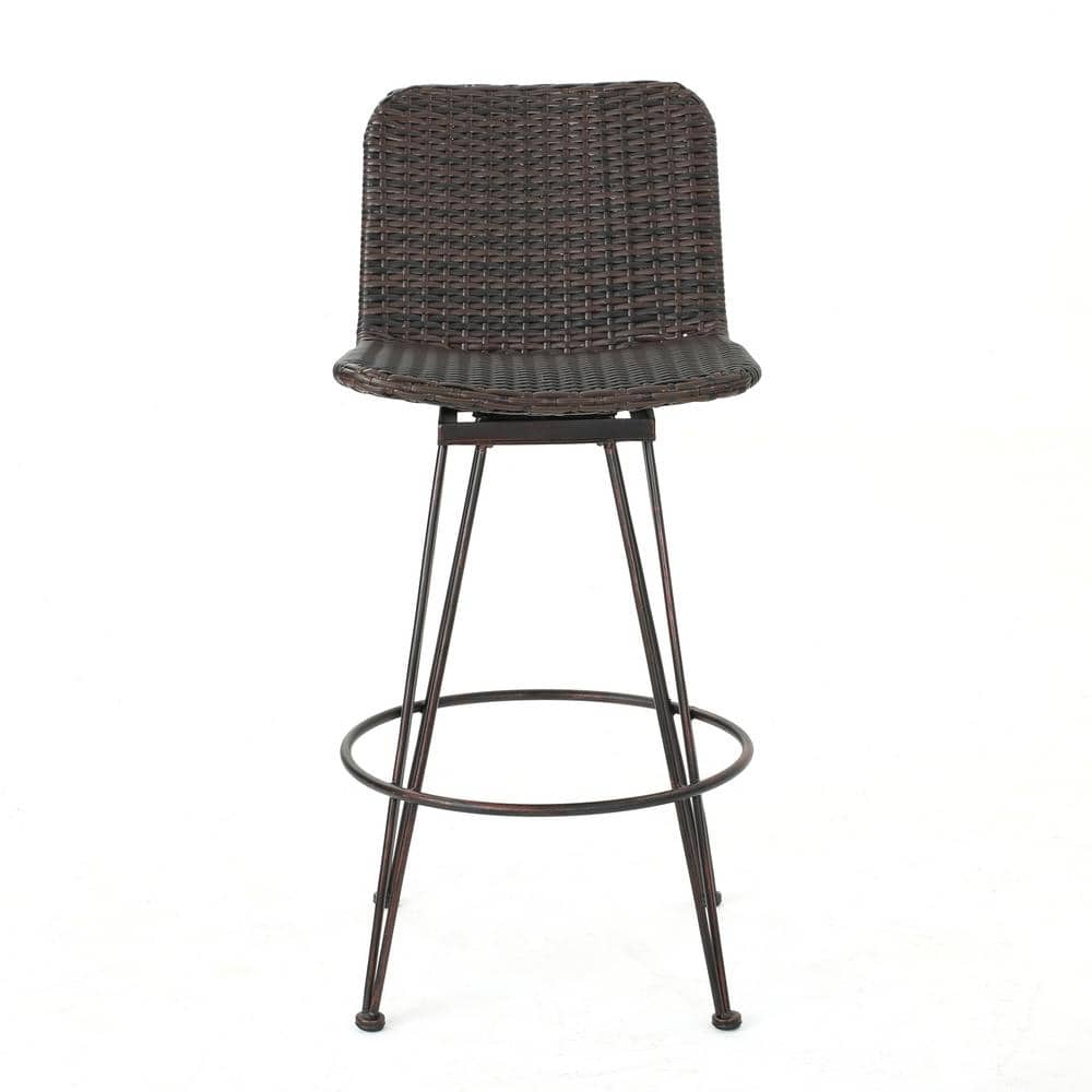 Teak Brown Wood and Metal Bar Set with Wicker Chairs