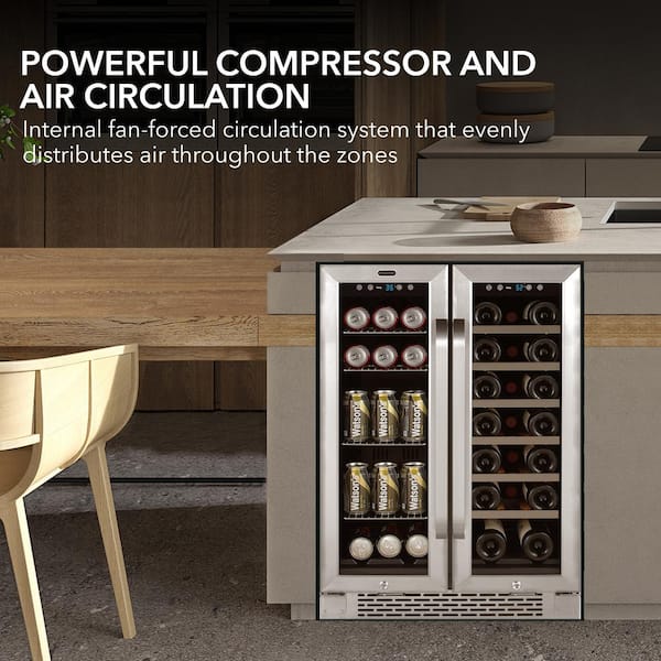 24 in. Dual Zone 20-Wine Bottle 69 Can Beverage & Wine Cooler Fridge with French Doors in Stainless Steel