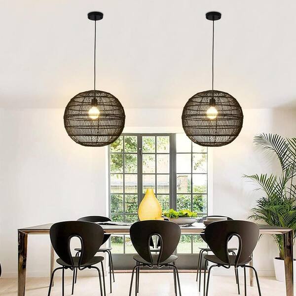 LWYTJO 1-Light Black Globe Pendant Light with Rattan Shade