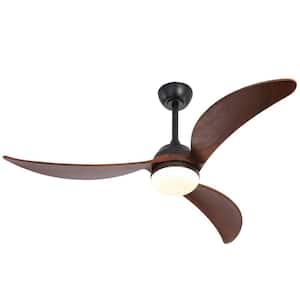 52 in. LED Indoor/Outdoor Smart Black Downrod Ceiling Fan Wood Blades with Light and 6-Speed Remote