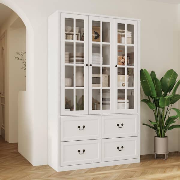 47.2 in. W x 78.7 in. H 8-Shelf Wood Standard Bookcase Bookshelf With Glass Doors, Adjustable Shelves, Drawers