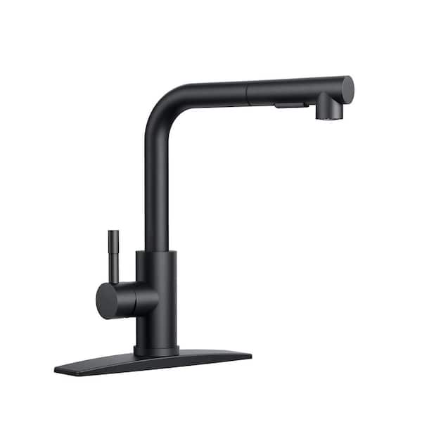 Single Handle Pull Down Sprayer Kitchen Faucet with Deckplate Pull Out Spray Wand in Matte Black