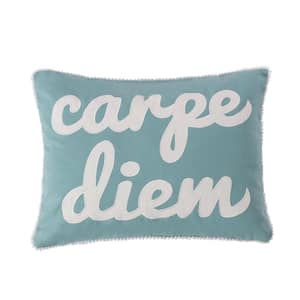 Tania Teal, White "Carpe Diem" Appliqued Embroidered Pom Pom Border Edge 18 in. x 14 in. Throw Pillow