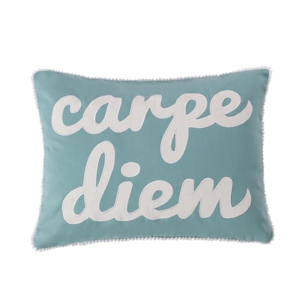 LEVTEX HOME Tania Teal, White "Carpe Diem" Appliqued Embroidered Pom Pom Border Edge 18 in. x 14 in. Throw Pillow