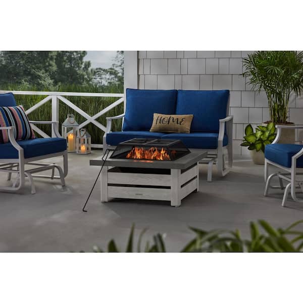 Hampton Bay Stoneham 34 in. x 15.5 in. Square Steel White Washed Wood Fire Pit with Concrete Tile Top