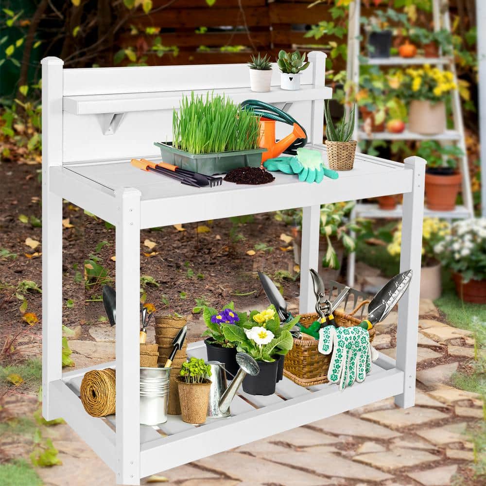White Vinyl Outdoor Potting Bench with Lower Storage Shelf