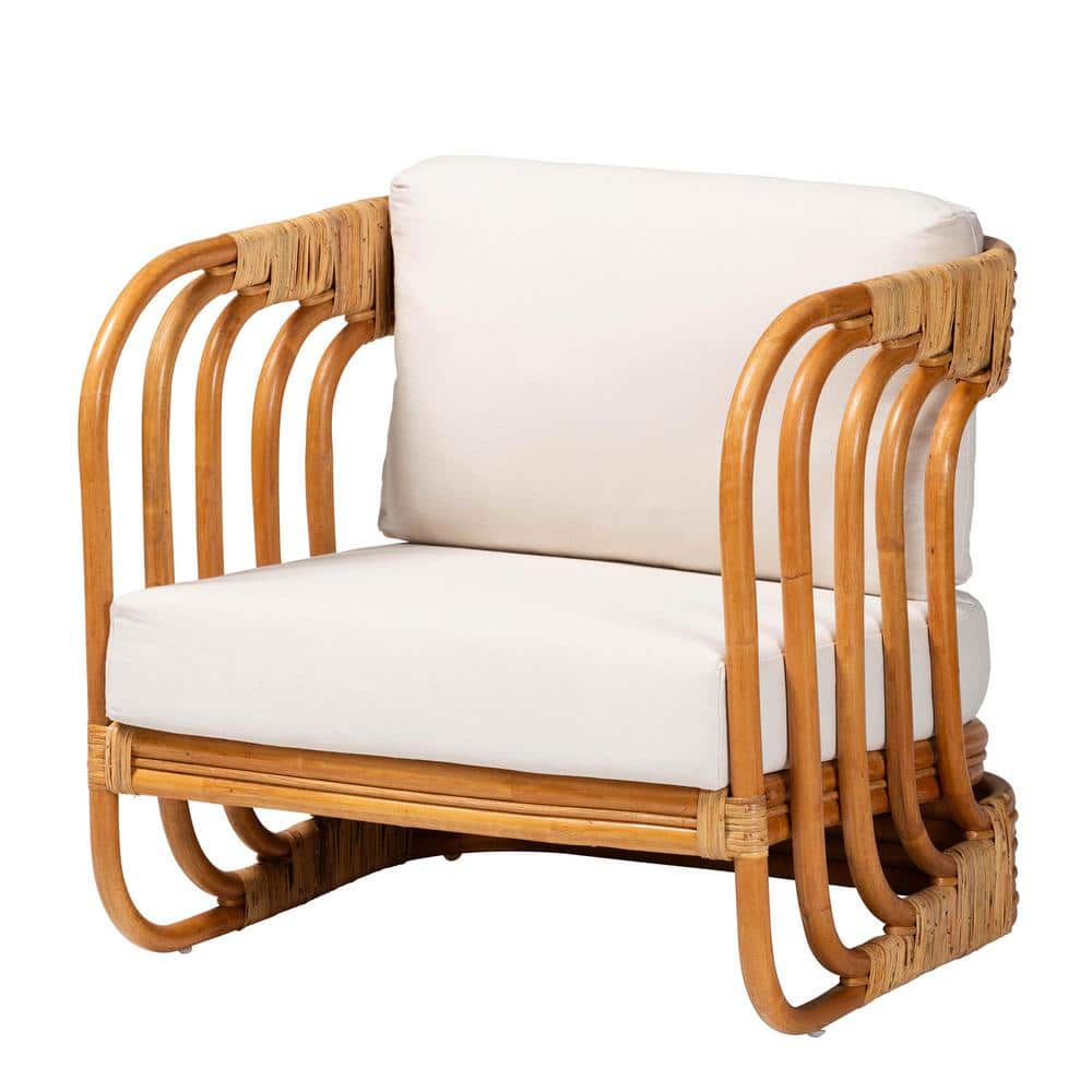 Handcrafted White Rattan Bohemian Accent Chair with Cushions