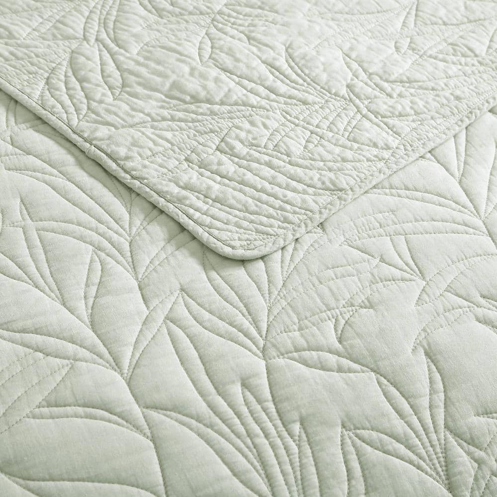 Sage Green Cotton Twin Quilt Set with Floral Stitch