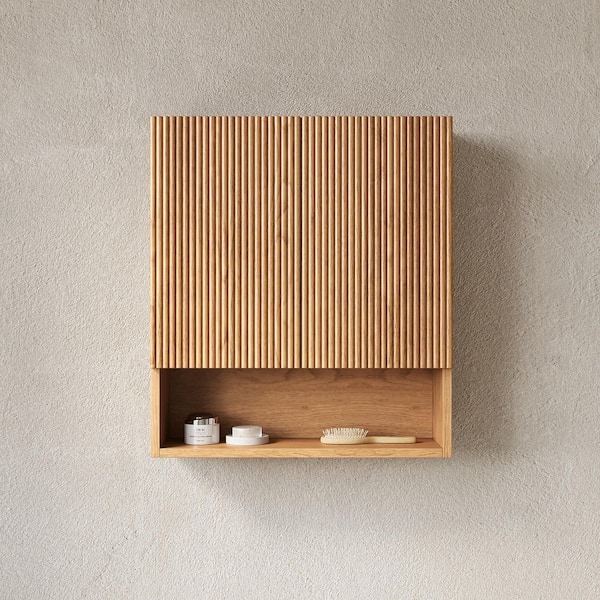 Cara Natural Wood 29.53 in. H Wall-Mounted Storage Cabinet with Doors, Shelf and Open Compartment