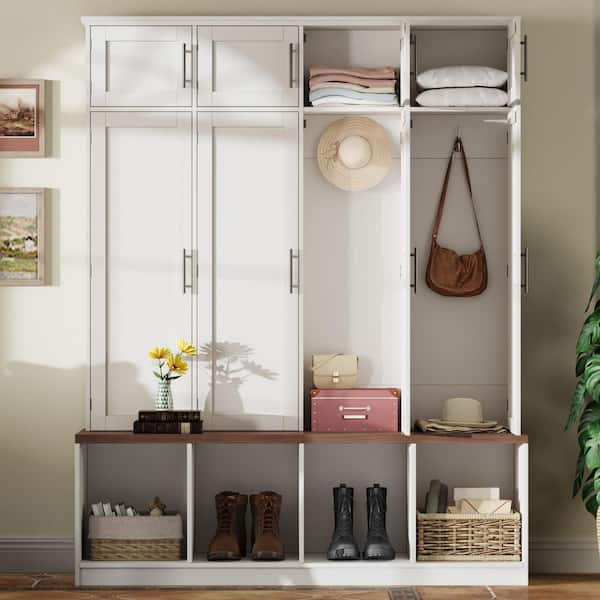 aisword White Farmhouse Hall Tree with 4-Hidden Hanging Hooks, Versatile Walnut Entryway Shoe Cabinet, 8-Doors