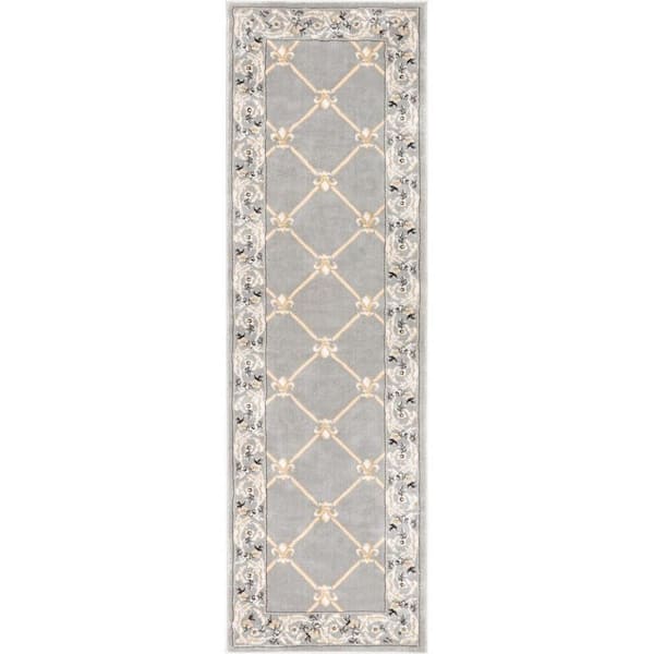 Well Woven Timeless Fleur De Lis Gray 3 ft. x 12 ft. Runner Rug