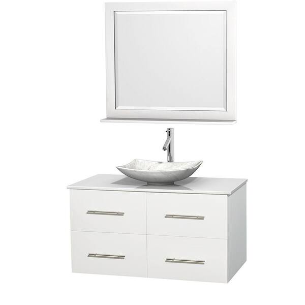 Wyndham Collection Centra 42 in. Vanity in White with Solid-Surface Vanity Top in White, Carrara Marble Sink and 36 in. Mirror