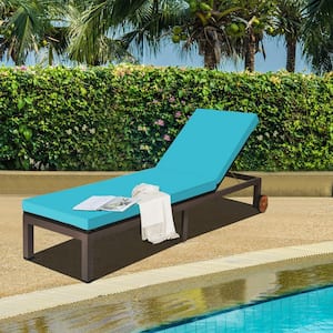 1-Piece Metal Outdoor Chaise Lounge with Turquoise Cushion, 5-Position Adjustment and Wheels