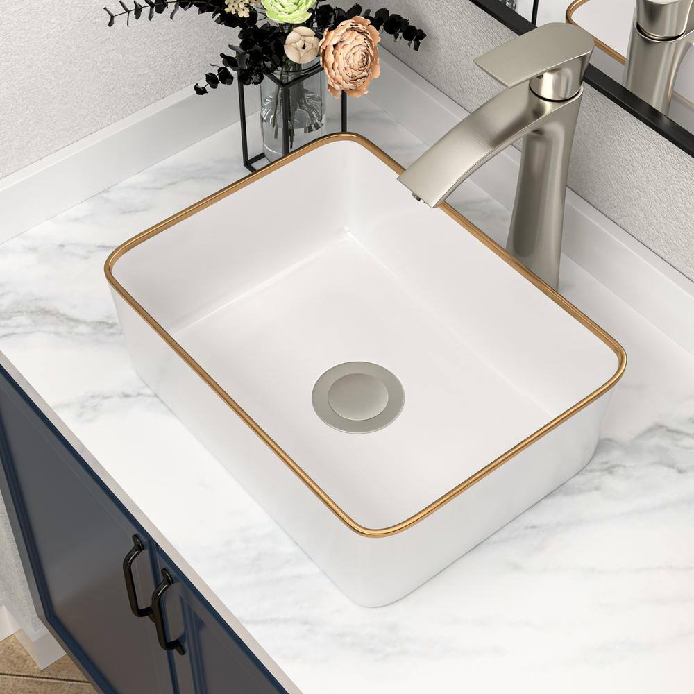 19" White Ceramic Rectangular Vessel Sink with Gold Rim