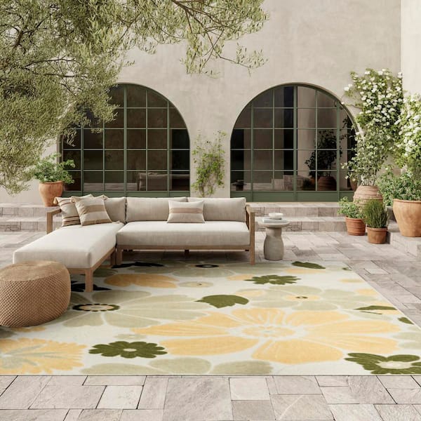 Aloha Ivory Green 8 ft. x 11 ft. Floral Contemporary Area Rug