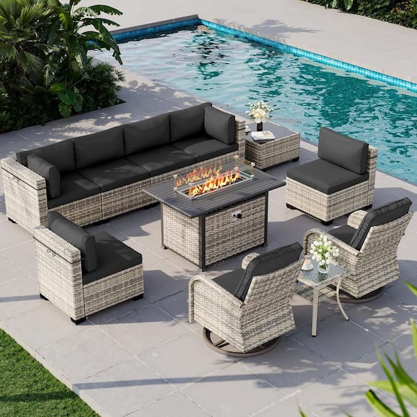 11-Piece Wicker Patio Conversation Set with 55,000 BTU Fire Pit Table and Glass Top Table with Dark Gray Cushions