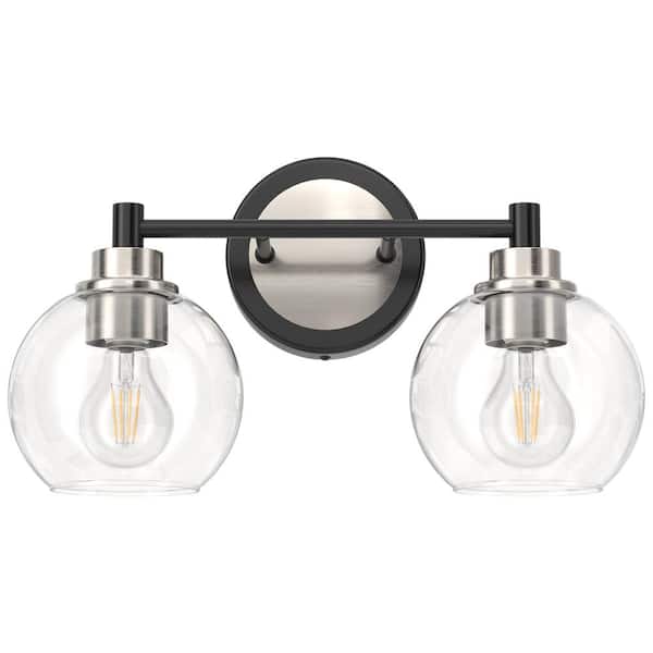Merra 14.6 in. 2 Light Black & Nickel Vanity Light with Clear Glass Shade E26 Sockets for Bathroom Bedroom Hallway Living Room