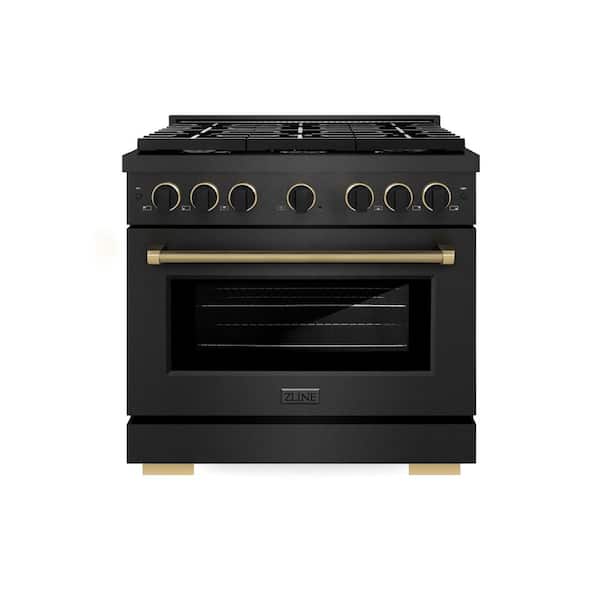 Designer 36 in. 5.2 cu. ft. Paramount Gas Range with 6 Burner Cooktop in Black Satin with Black and Champagne Accents