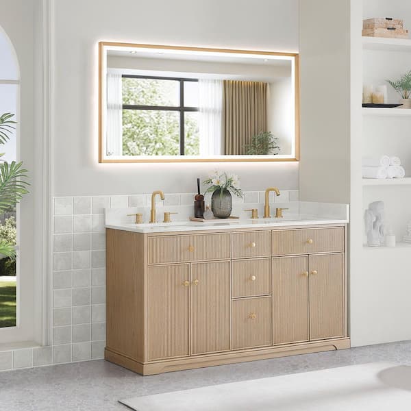 Barnett 60 in. Double Freestanding Natural Oak Bath Vanity with Grain White Engineered Stone Top Assembled