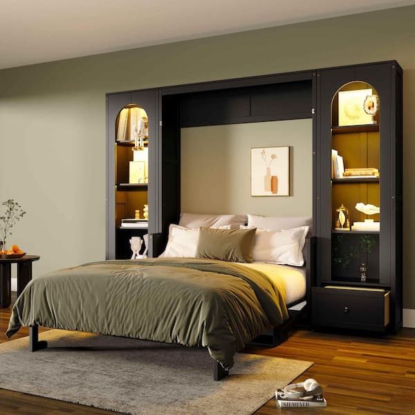 Black Wood Frame Queen Size Murphy Bed with Shelf, Side Cabinets, Drawers and LED