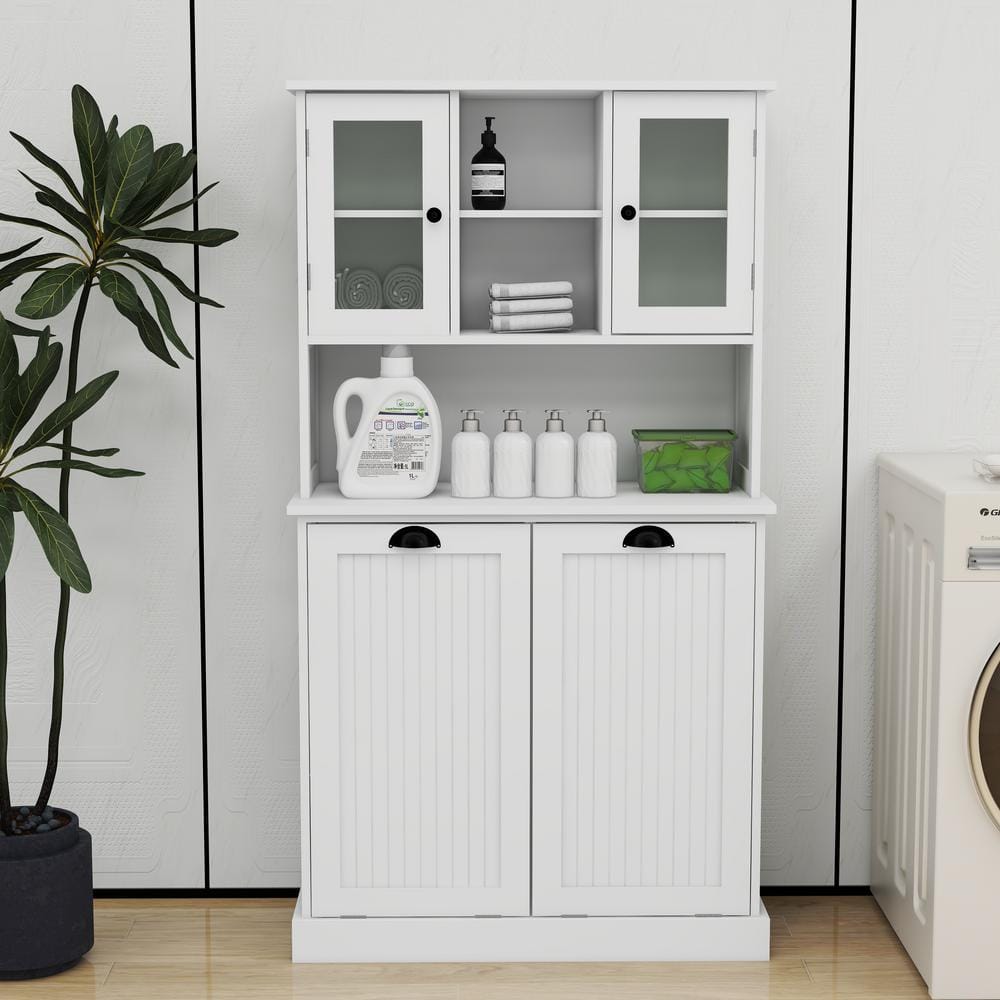 Modern 32.68 in. W x 14.57 in. D x 59.69 in. H Tall White Linen Cabinet wit
