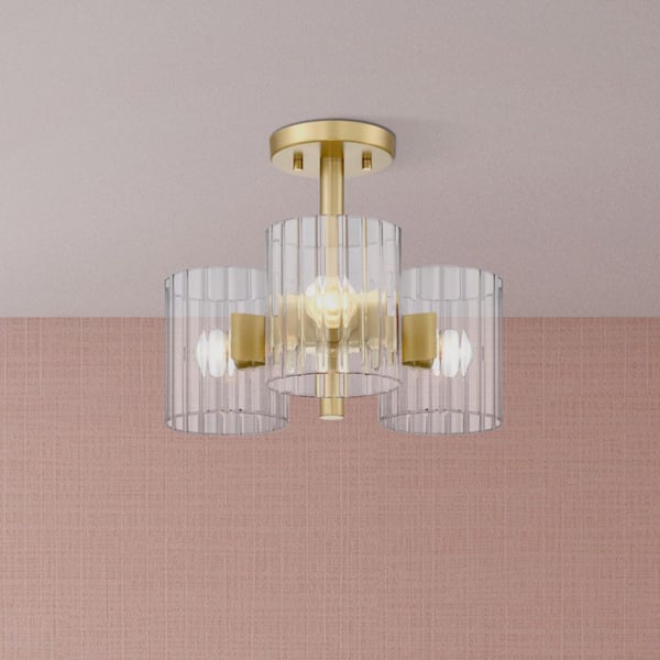 Aries 15 in. 3-Light Brushed Gold Modern Entryway Semi-Flush Mount with Clear Ribbed Glass Shades