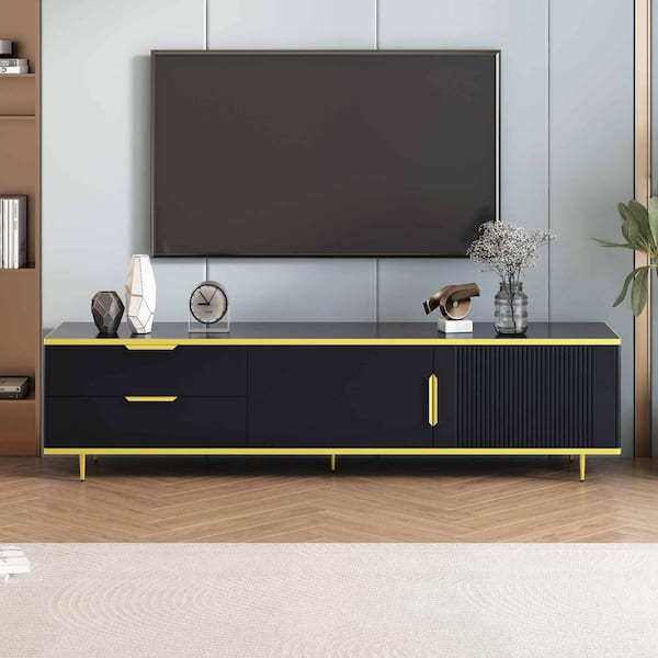 Polibi Modern Black TV Stand Fits TV's Up to 65 in. with 2 Drawers and 2 Cabinets
