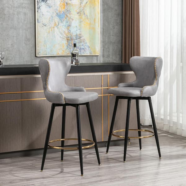 GOJANE 41.30 in. Light Grey Modern Leathaire Bar Stool with Tufted